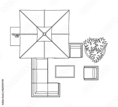 Outdoor patio furniture top view including umbrella L-shaped sofa coffee table and chairs