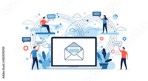 Global digital communication and email marketing concept with people interacting online through a laptop and chat messages.