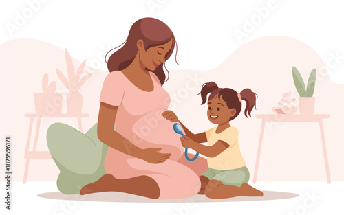Happy pregnant woman and child playing with stethoscope at home