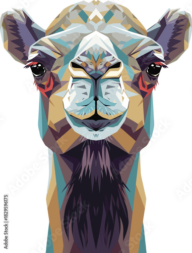 A striking low-poly portrait of a camel's face, featuring a vibrant geometric design and a bold color palette, capturing the essence of the desert animal