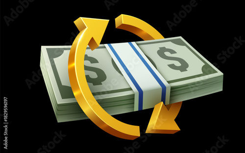 Pack of green paper currency with arrows. Cashback or moneyback concept. 3D render stack of dollar US. Money dollar banknote in cartoon style isolated. Vector illustration