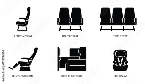 Various airplane seat types including economy double triple row business recline first class suite and child seat