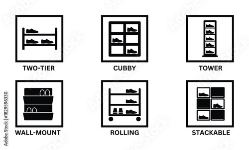Shoe rack storage icons including two-tier cubby tower wall-mount rolling and stackable designs