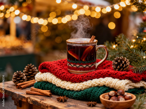 Wallpaper Mural A mug of steaming mulled wine with cinnamon sticks, surrounded by festive Christmas decorations, pine cones, and knitted items on a wooden table, with bokeh lights in the background. Torontodigital.ca