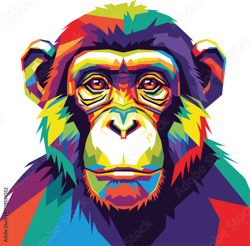Vibrant and expressive chimpanzee portrait in a dynamic, geometric pop art style, showcasing an explosion of colors and modern artistic flair