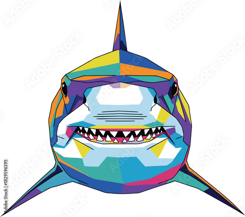 Dynamic and visually arresting depiction of a great white shark's head, showcasing a modern artistic interpretation with bold, interlocking colorful polygons