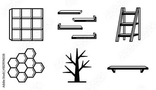 Collection of various shelf designs including cubby, floating, ladder, honeycomb, tree-shaped, and simple wall shelves