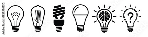 Light bulb icons set with glowing filament compact fluorescent LED and ideas represented by brain and question mark