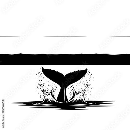 Black silhouette of a whale tail splashing, ocean minimal horizon scene, dramatic marine moment, transparent background.svg