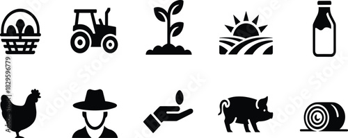 Farming and Agriculture Glyphs Vector Icon Set, Farmer, Tractor, Crops, Livestock, Dairy, Egg Basket, Hay Bale, Food Production Graphic Symbols