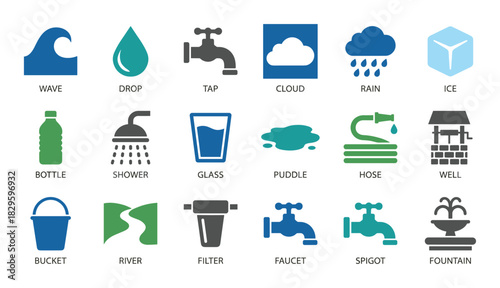 Water related icons set with various elements including wave drop tap cloud rain and ice