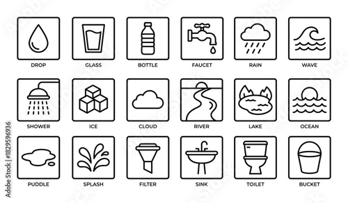 Various water themed line icons including drop glass bottle faucet and environmental elements
