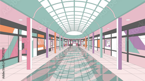 A stylized shopping mall corridor with geometric shapes, turquoise ceiling, pink–purple walls, checkered floor, and minimalist storefronts.