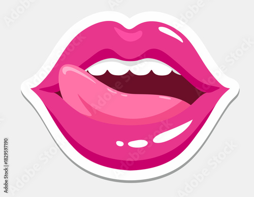 Woman licking red lips sticker. Cartoon sexy woman's half-open mouth with teeth and tongue sticking out. Pink lips. Expressions, emotions, beauty concept