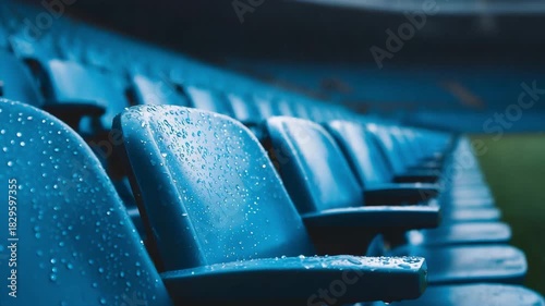 Rows of empty blue stadium seats covered with detailed raindrops during a heavy downpour