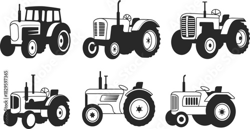 Vintage Tractor Models Vector Silhouette Set, Retro Farm Machinery Graphic Collection, Agriculture and Farming Transportation Icon Illustration