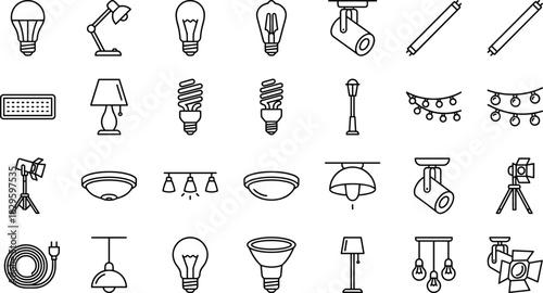 Collection of modern lighting and lamp line icons featuring bulbs, fixtures, lamps, spotlights, and decorative lights in clean minimalist vector style