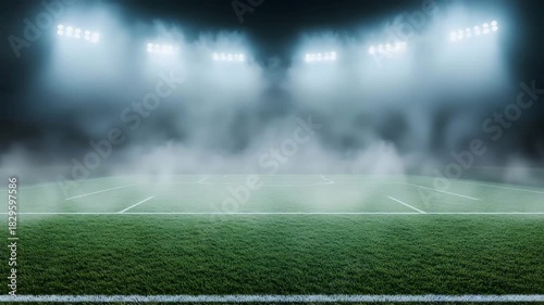 Empty soccer field with bright stadium floodlights illuminating heavy fog above the green grass pitch