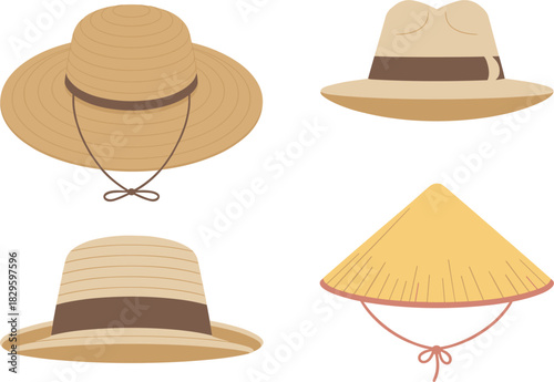 Summer Straw Hats Vector Set, Wide-Brim Sun Hat, Panama, Conical Asian Non La, Travel and Vacation Accessories, Flat Cartoon Style