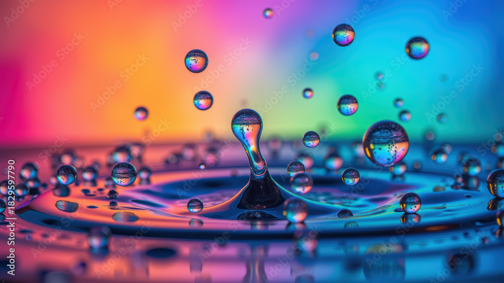 Obraz premium Vibrant water droplets create mesmerizing display against colorful background, showcasing beauty of nature elements