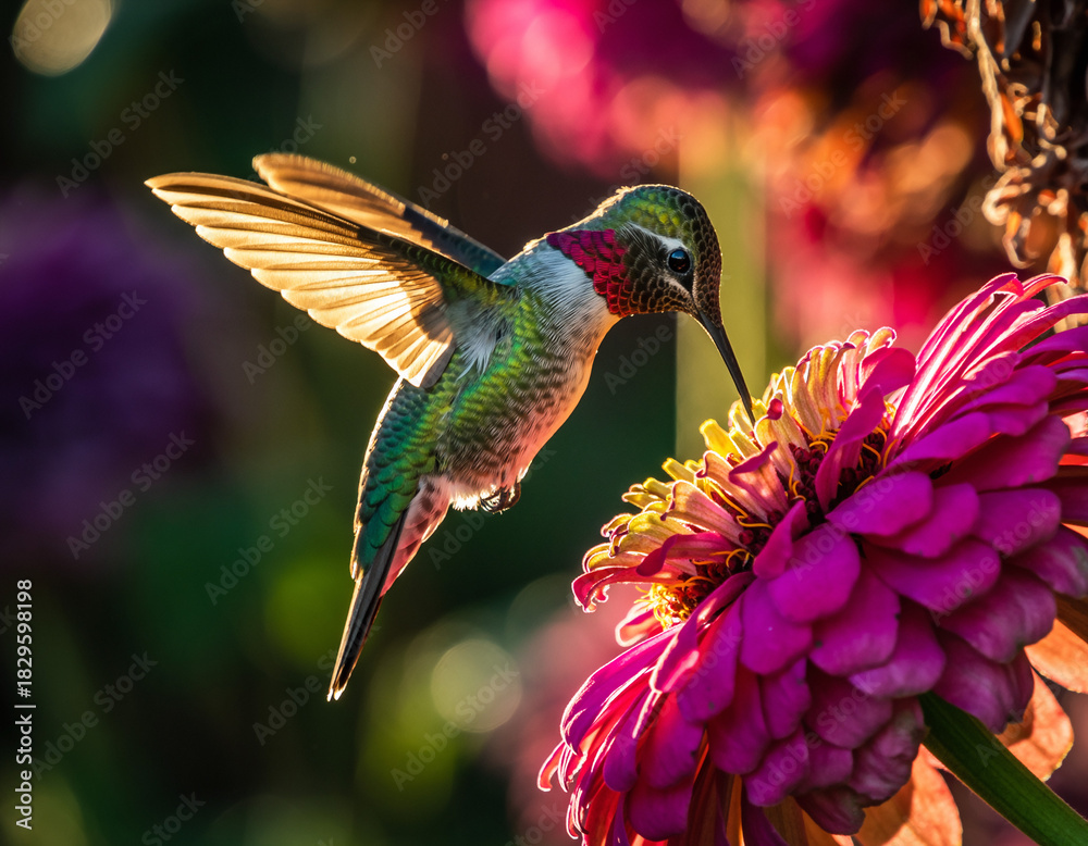 Fototapeta premium Detailed shot of a hummingbird feeding on a vibrant pink flower. Excellent for themes of nature, wildlife, beauty, and springtime. Evokes feelings of joy and wonder.