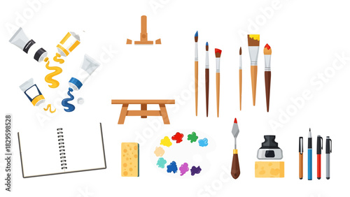 Art supplies: paint tubes, brushes, easel, palette, sponge, ink, pens, and sketchbook.