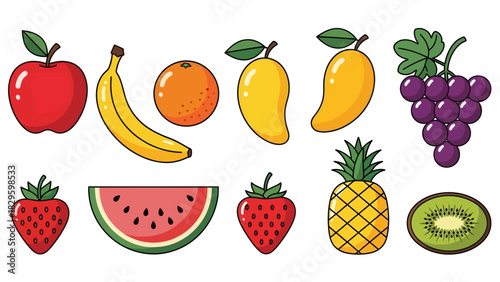 Illustration of various fruits including apples, bananas, oranges, mangoes, grapes, strawberries, watermelon, pineapple, and kiwi.