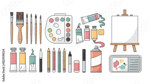 Art supplies: brushes, paints, palette, canvas, pencils, eraser, spray can, and tray.