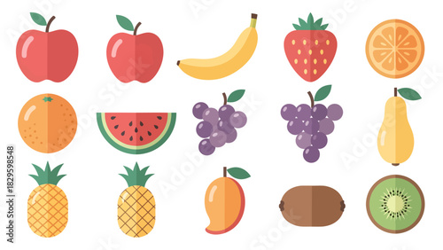Flat vector illustration of various fruits including apples, bananas, grapes, and pineapples.