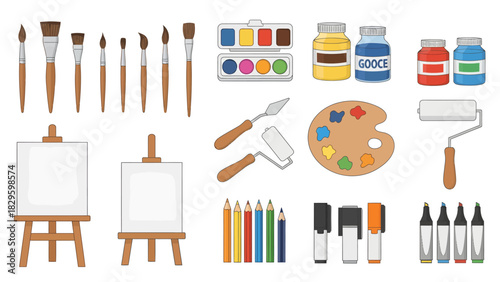 Painting and drawing supplies: brushes, paints, palette, canvas, markers, pencils, and rollers.