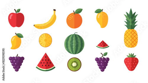 Illustration of various fruits including apples, bananas, grapes, and watermelon.