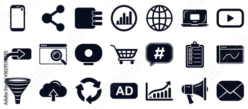 Modern digital marketing, social media, web development, and e-commerce vector icon set for online business analytics.