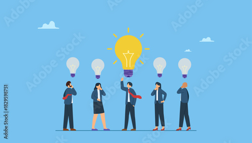 Businessman with bright lightbulb. Solution expert solving problem or leader giving advise in meeting discussion, thinking for solution, creativity or professional to help, eureka moment.