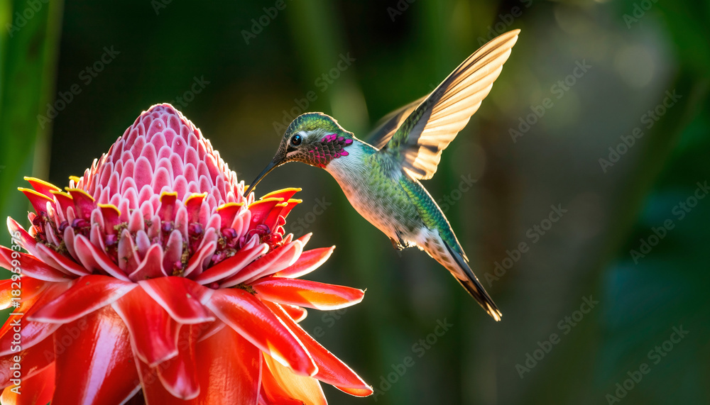 Fototapeta premium Vibrant hummingbird feeding on a bright red tropical flower, wings backlit in golden light. Symbol of nature, speed, and beauty. Ideal for conservation or floral themes.