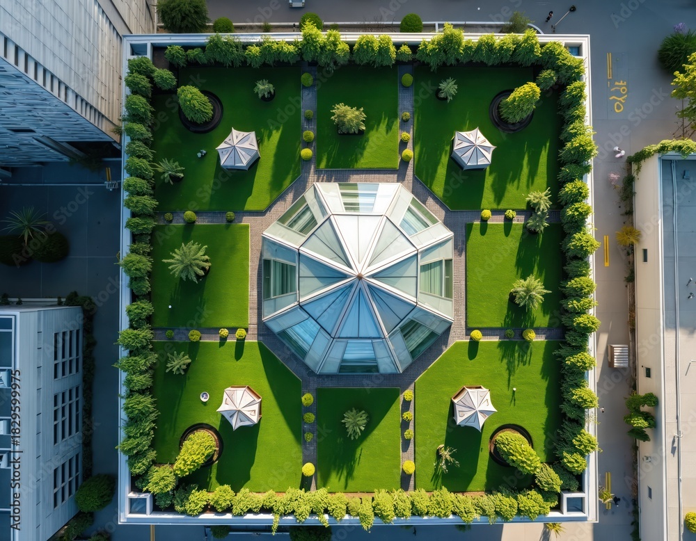 Obraz premium Aerial view captures rooftop garden in urban zone. Green lawn grass and various plants adorn top of house. Modern building with glass and steel structure rises.