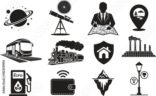 Collection of diverse monochrome vector icons on white background