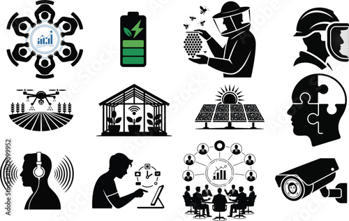 Modern technology and innovation icons in black and white