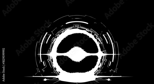 Abstract circular tech-inspired design featuring neon rings and a symmetric halo against a dark background.