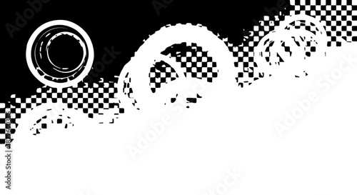 Abstract black and white circular pattern with halftone rings and decorative texture.