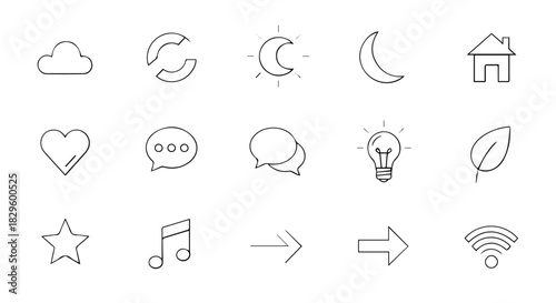 Collection of simple monochrome line icons depicting weather, communication, ideas, navigation, and everyday elements.