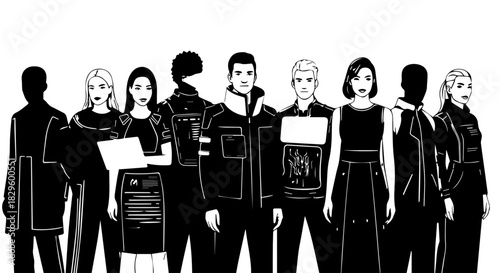 Group of diverse people standing together in black outfits.