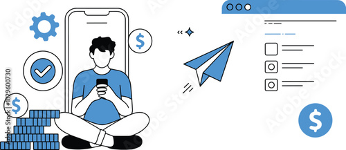 Digital Finance and Money Transfer Vector Illustration Featuring Man Using Smartphone, Stacked Dollar Coins, Gear, and Paper Airplane Transaction.