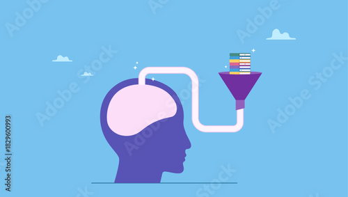 Book stack in funnel easy to flow in human head. Read book fast to learning new lesson, education or studying, inspiration or easy learning, literature or intelligence information, schooling.
