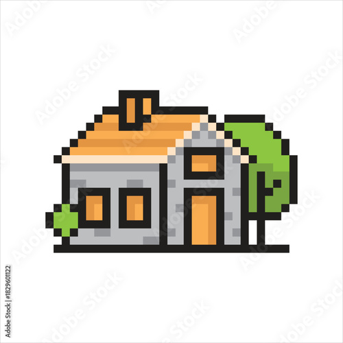 Retro pixel art house icon with orange roof and green bush style Vector