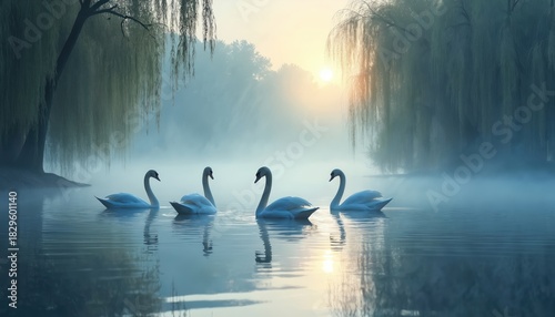 Fototapeta Naklejka Na Ścianę i Meble -  Four white swans gracefully swim on calm misty lake. Golden sun rises at dawn, casting warm light through soft fog. Weeping willow branches gently drape over water. Serene natural landscape offers