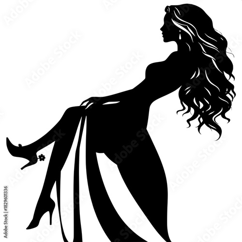 “A refined black silhouette of a woman with long wavy hair, positioned in profile on a stark white canvas. Her slender figure is draped in a floor-length gown, with floral elements subtly extending fr