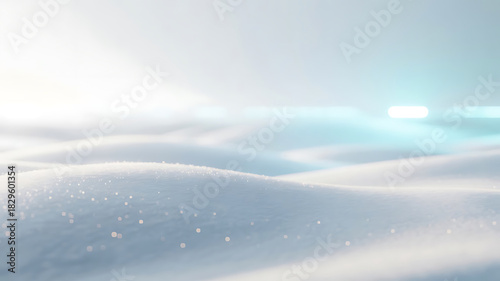 Fototapeta Naklejka Na Ścianę i Meble -  : A serene, soft blue and white landscape featuring gentle snow dunes and a bright horizon with falling snow.