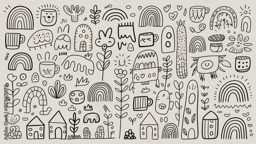 Doodle art featuring whimsical drawings of rainbows, houses, plants, and various other cute elements