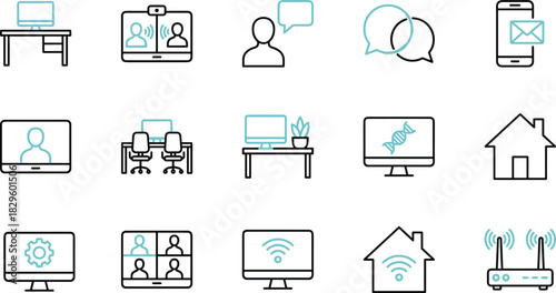 Remote work and digital communication icons featuring video calls, online collaboration, home office setups, messaging tools, and wireless connectivity in clean modern line style