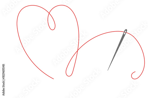 Elegant needle with thread heart shape. Needle symbol and red curved thread, tailor and shoemaker needlework tool, sewing element. Small tattoo, print for clothes